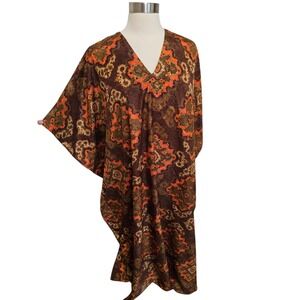 Vintage Womens Caftan Dress One Size Brown Orange Paisley Boho 70s